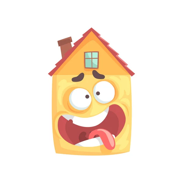 Lindo personaje de dibujos animados casa mareado, expresión facial divertida emoticono vector ilustración — Archivo Imágenes Vectoriales