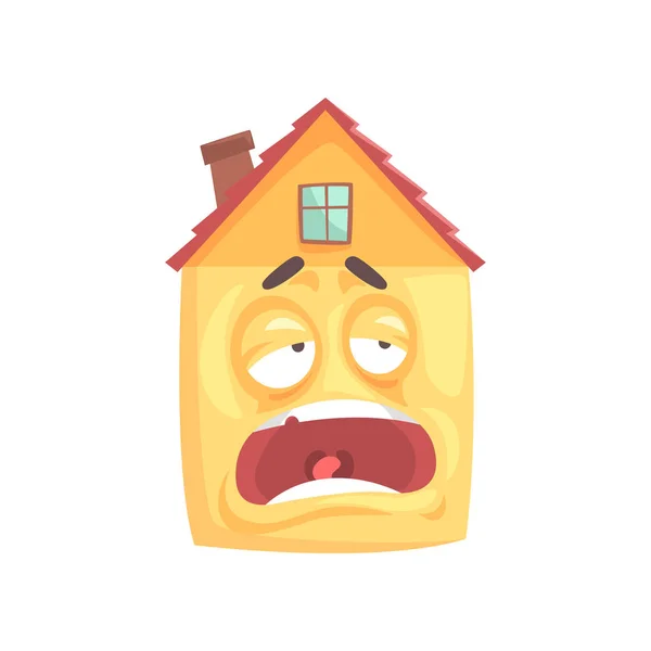 滑稽疲倦的昏昏欲睡的房子卡通人物, 滑稽表情表情图标矢量插图 — 图库矢量图片