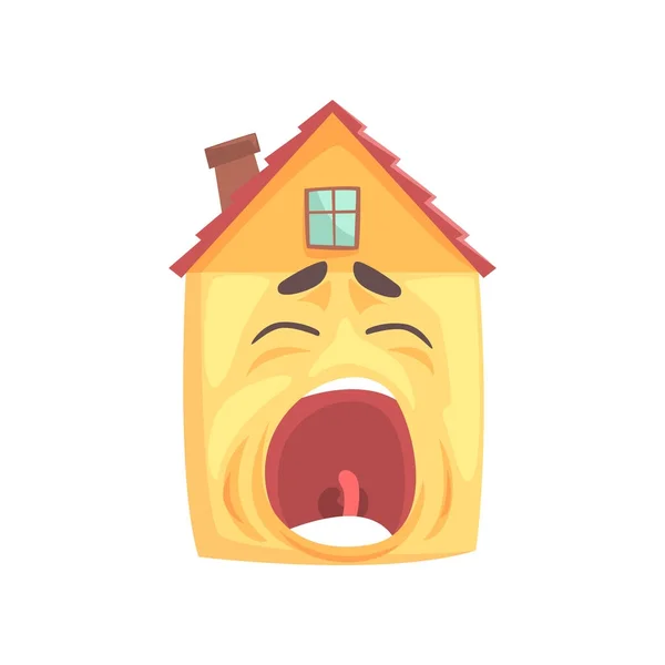 Funny sleepy house character yawning, funny facial expression emoticon cartoon vector illustration — Stock Vector