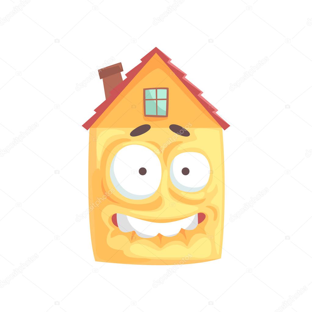 Scared house cartoon character showing bared teeth, funny facial expression emoticon vector illustration