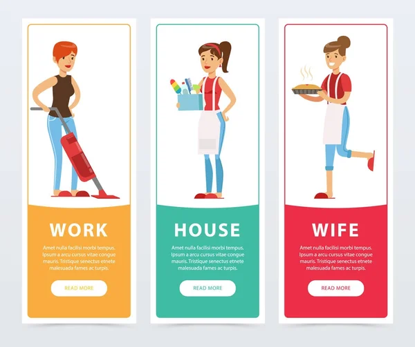 Arbete, hus, fru banners set, hemmafru matlagning och städning platt vektorelement för webbplatsen eller mobilappen — Stock vektor