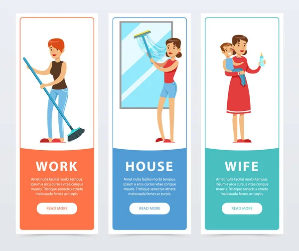 Arbete, hus, fru banners set, hemmafru matlagning och vårdar barn platt vektorelement för webbplatsen eller mobilappen — Stock vektor