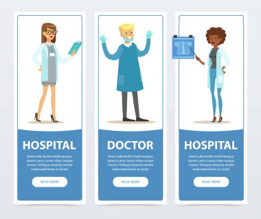 Afiş kümesi, doktor ve hastane sağlık personeli vektör öğe Web sitesi veya hareket eden app için düz.