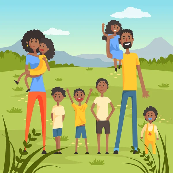 Família negra feliz com muitas crianças no fundo da natureza ilustração vetorial plana —  Vetores de Stock