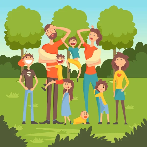 Glada trötta föräldrar med många barn i parken platt vektorillustration — Stock vektor