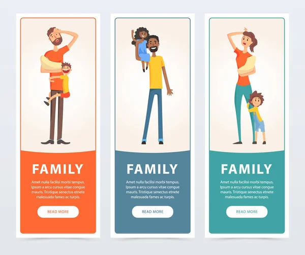 Familjen banners inställd, glada och trötta föräldrar med sina barn platt vektorelement för webbplatsen eller mobilappen — Stock vektor