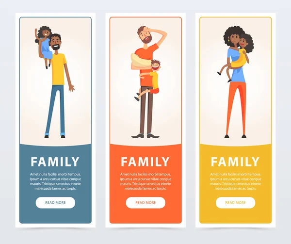 Familjen banners inställd, föräldrar med sina barn platt vektorelement för webbplatsen eller mobilappen — Stock vektor