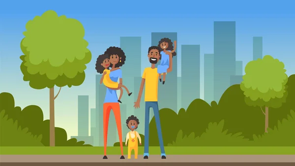 Şehir arka plan, düz vektör çizim üzerinde pek çok çocuklu mutlu Afrika aile — Stok Vektör