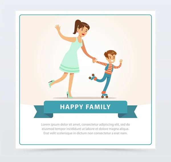 Mother with her son roller skating, happy family banner flat vector element for website or mobile app — Stock Vector