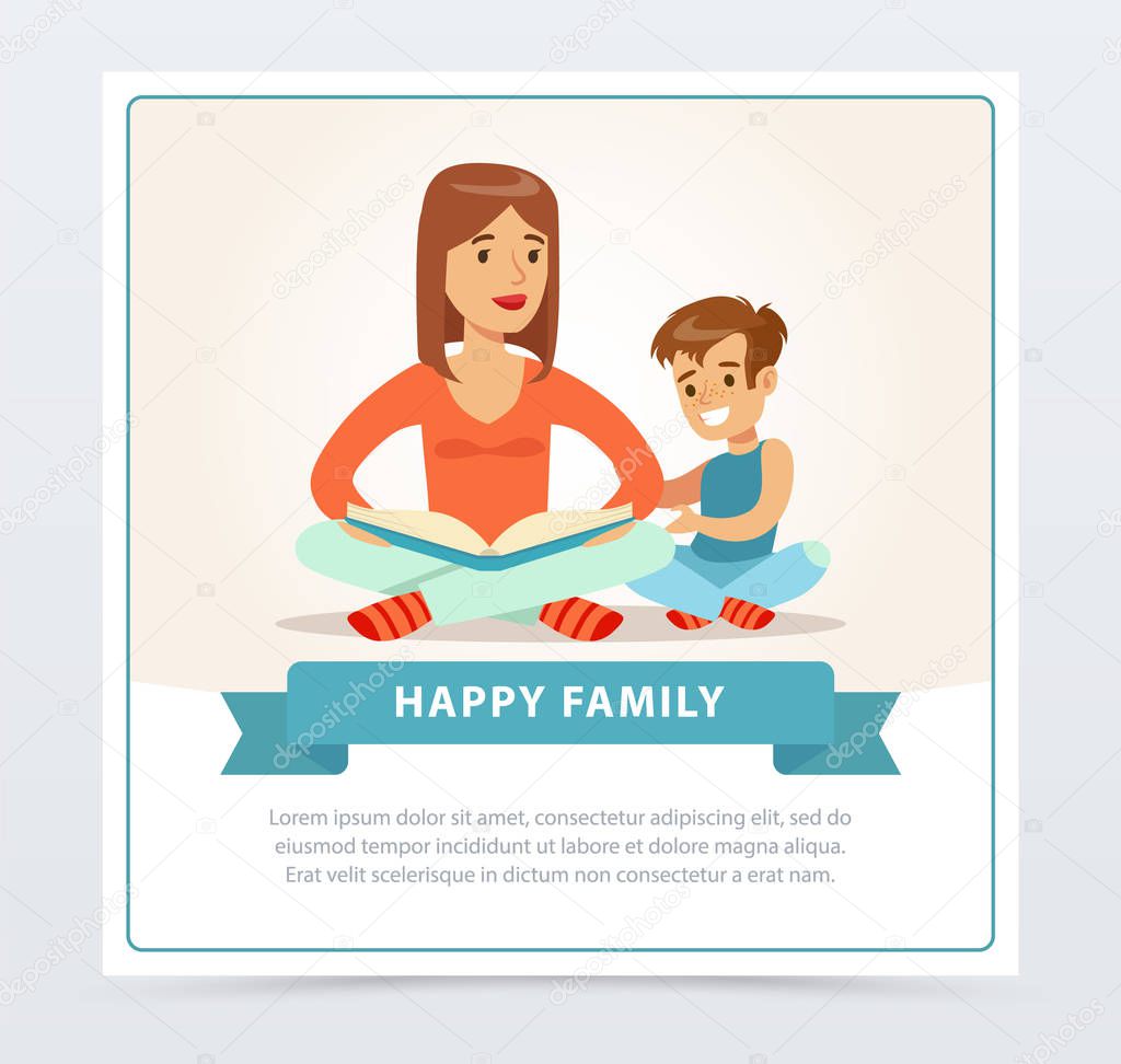Mother reading a book to her smiling son, happy family banner flat vector element for website or mobile app