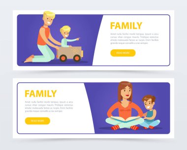 Aile afiş ayarla, oynama ve onların çocukları düz vektör öğe Web sitesi veya mobil uygulaması için kitap okuma mutlu anne