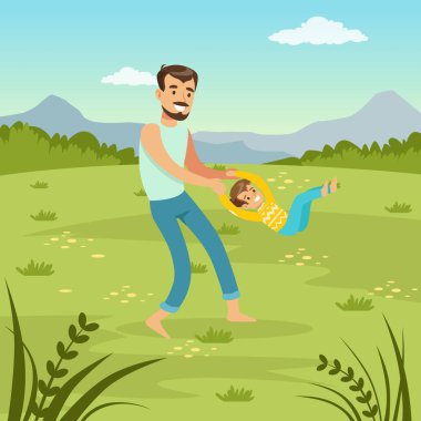 Baba oğlu üzerinde doğa baba ve oğlu birlikte oynayan çayır, Aile Eğlence düz vektör çizim döndürme