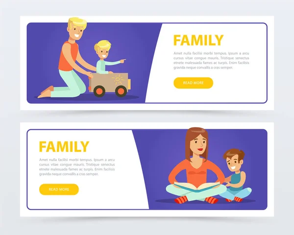 Familie banners ingesteld, gelukkige ouders spelen en lezen boeken met hun jonge geitjes platte vectorelement voor de website of mobiele app — Stockvector