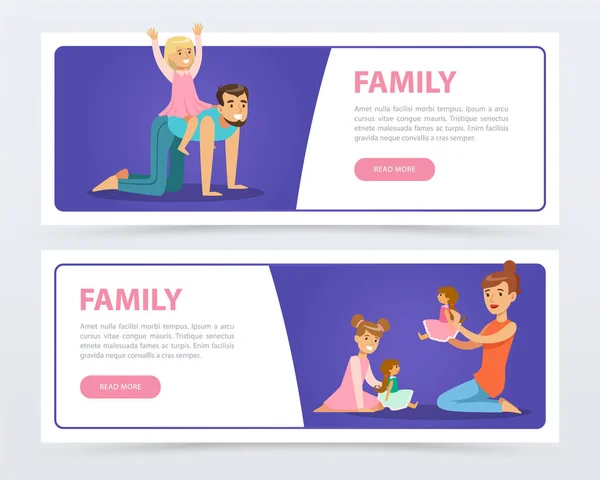 Familie banners ingesteld, gelukkige ouders spelen en plezier maken met hun jonge geitjes platte vectorelement voor website of mobiele app — Stockvector