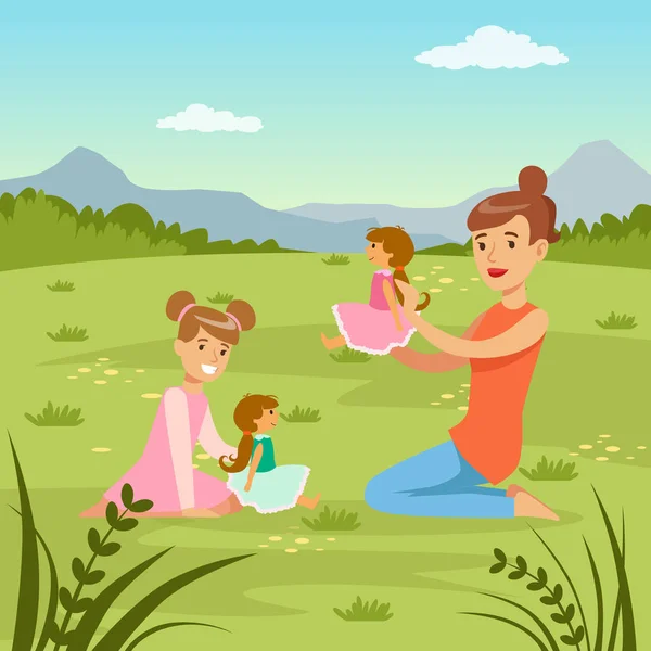 Madre y su hija jugando muñecas en el fondo de la naturaleza, recreación familiar vector plano ilustración — Vector de stock