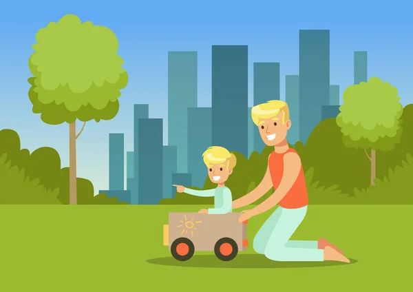 Fadern och hans son leker med leksaksbil i stadsparken utanför, familj fritid vektorillustration — Stock vektor