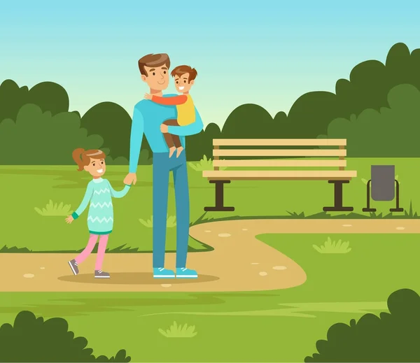 Heureux père et deux enfants marchant dans le parc d'été à l'extérieur, illustration vectorielle de loisirs en famille — Image vectorielle