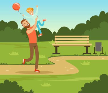 Çocuk babası yaz park dışında baba ve oğul birlikte eğleniyor ile aile eğlence vektör çizim oynarken