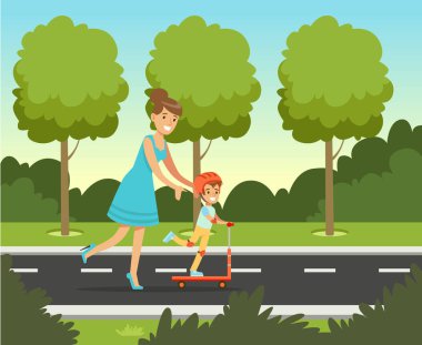 Küçük okul öncesi çocuk annesi ile eğleniyor yaz park dışında aile tatil vektör çizim