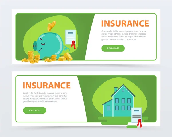 保険のバナーを設定、プロパティと金融、保険サービス コンセプト フラット ベクター要素ウェブサイトやモバイル アプリのための保護 — ストックベクタ