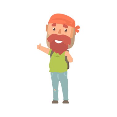 Hipster adam seyahat etmek sırt çantası, bir araba bir karayolu üzerinde el ile autostop karikatür vektör çizim tarafından seyahat durdurmaya otostopçu adam ile
