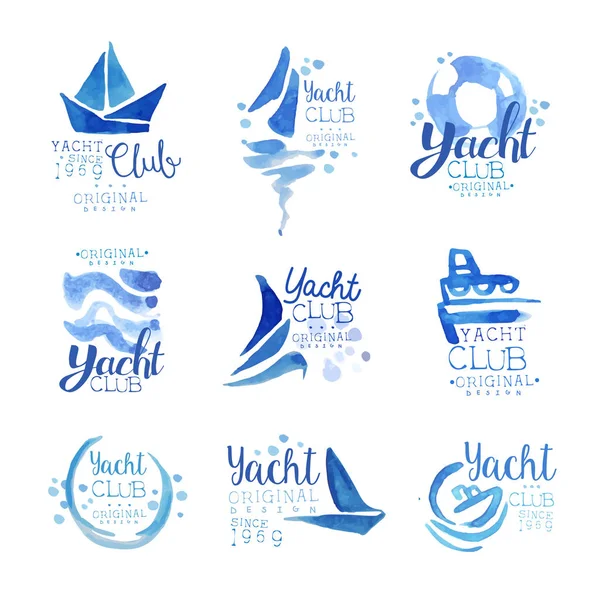Yachtclub seit 1969 logo original design set, elemente firmenlogo, business identity blau aquarell vektorillustrationen — Stockvektor