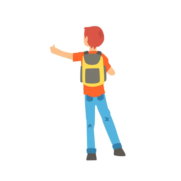 Joven autoestopista viajando con mochila, hombre tratando de detener un coche en una carretera a mano, vista trasera, viajando por vector de dibujos animados autostop Ilustración — Vector de stock