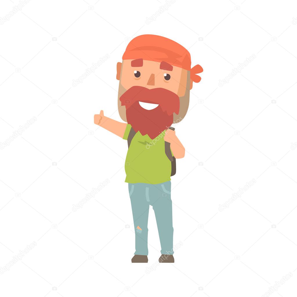 Hipster man traveler with backpack, hitchhiker man trying to stop a car on a highway by hand, travelling by autostop cartoon vector Illustration