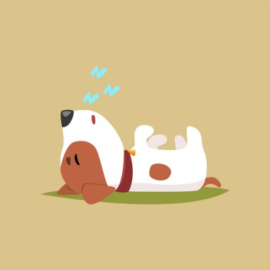 Jack russell puppy character sleeping on its back, cute funny terrier vector illustration clipart