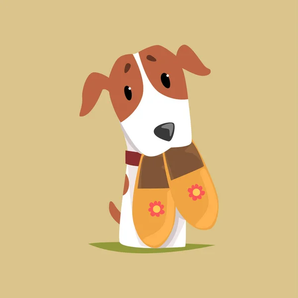 Jack Russell chiot personnage avec des pantoufles dans sa bouche, illustration vectorielle drôle mignon terrier — Image vectorielle