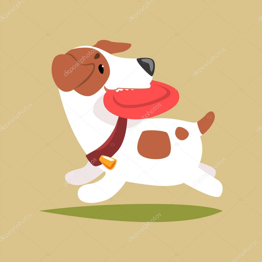 Jack russell puppy character playing with disk, cute funny terrier vector illustration