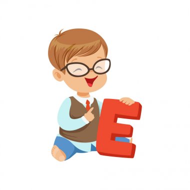 Toddler boy doing speech game exercises on letter E. Learning through fun. Speech and language development concept clipart