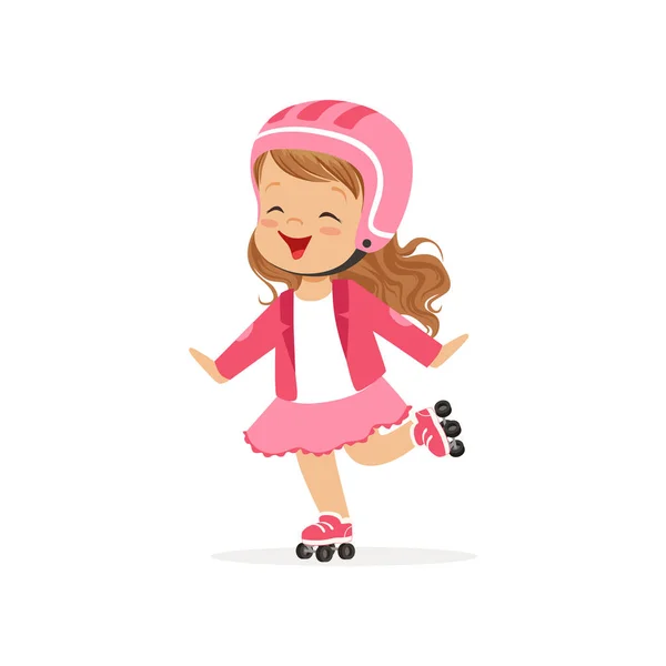 Niña alegre en el desgaste rosa y el casco de protección de skate en los rodillos. vector plano niño carácter — Vector de stock