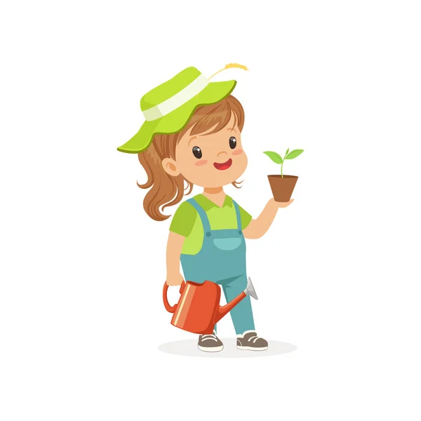 Smiling little girl standing with plant and watering can in hands. Flat kid character dressed as gardener Dream profession concept — Stock Vector