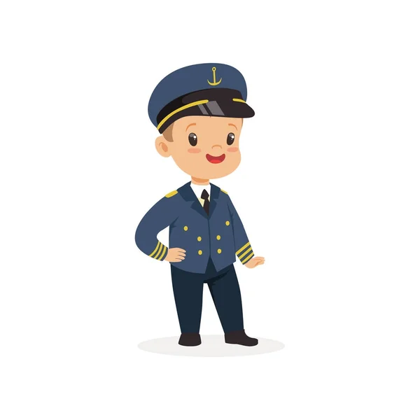 Cartoon little boy dreaming to become ship s captain in future. Kid dressed up for career day in kindergarten — Stock Vector