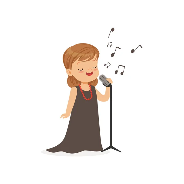 Flat vector illustration of singing little girl with retro microphone isolated on white. Kid dreaming to become famous opera singer in future — Stock Vector