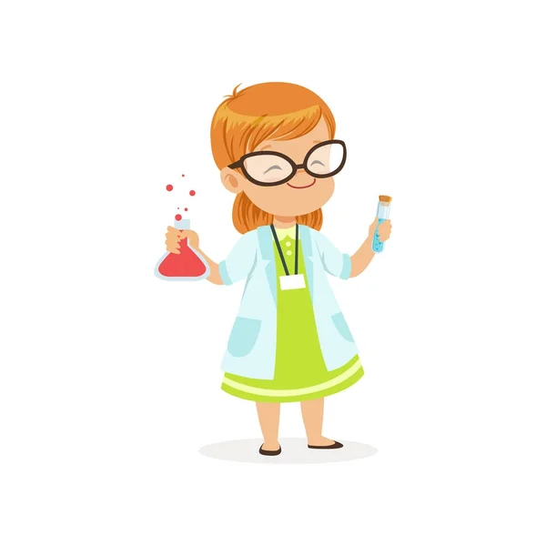 Red-haired child in white coat holding test tubes in hands. Scientist costume for career day in kindergarten. Flat kid character — Stock Vector