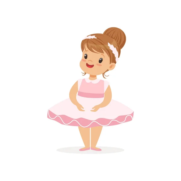 Flat vector of cheerful little girl in pink ballerina dress. Child interested in becoming professional theater dancer in future. Exploring kids career day through play — Stock Vector
