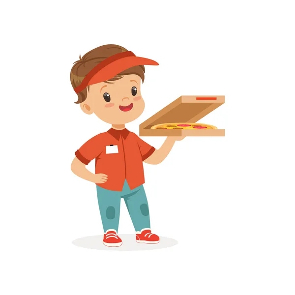 Flat vector illustration of cheerful delivery boy standing with pizza in hand. Worker suit for children role play — Stock Vector