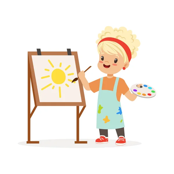 Flat vector illustration of little girl painting on canvas. Kid interested in becoming painter. Dream profession concept — Stock Vector
