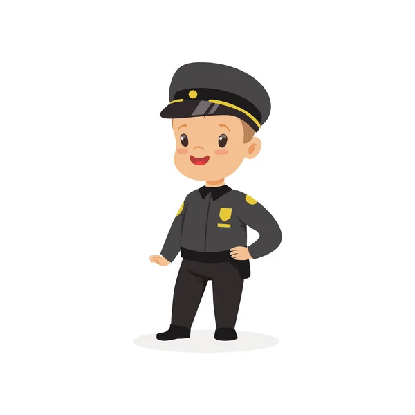 Chico sueño de ser adulto y trabajar en el departamento de policía. Un chico vestido de oficial de policía. Carácter niño plano — Vector de stock