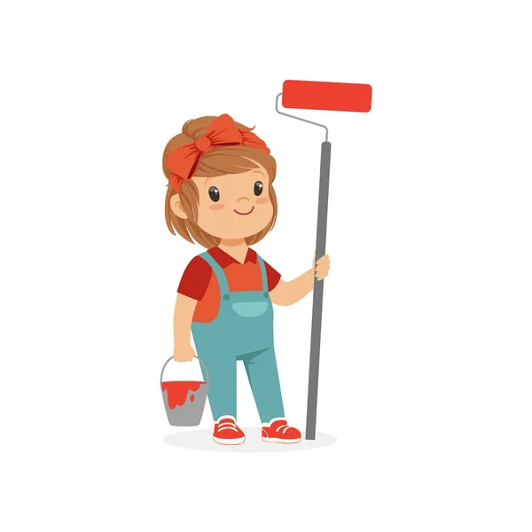 Flat vector illustration of cute little girl standing with bucket and paint roller in hands isolated on white. Child want to be painter. Costume for career day — Stock Vector