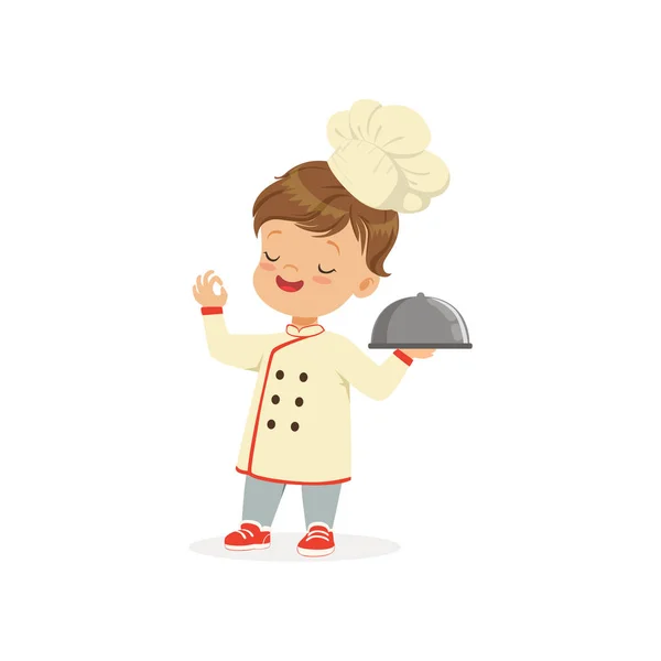 Cartoon character of boy in chef uniform and hat. Kid dream of becoming chef cooker. Isolated flat vector illustration — Stock Vector