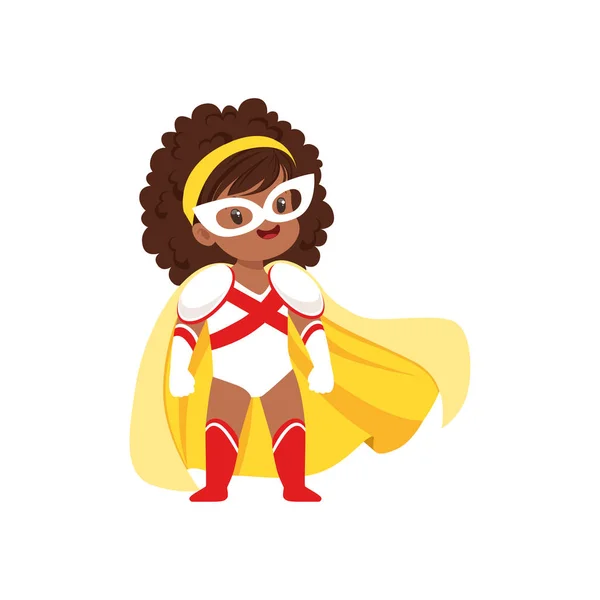 スーパー ヒーローの白と赤の衣装、マスク、脚を大きく広げて上に立って黄色のマントの巻き毛の漫画の女の子の勇敢な子供. — ストックベクタ