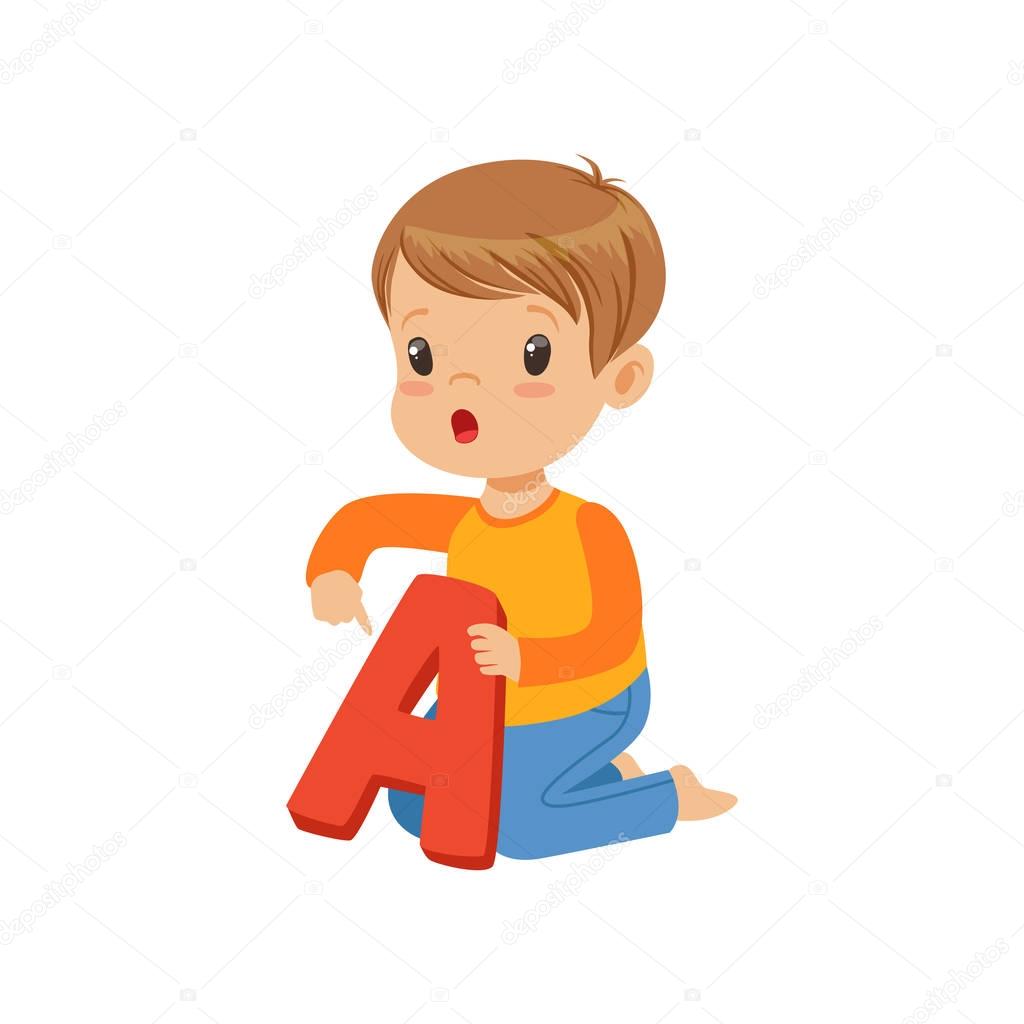 Little boy learning correct pronunciation of letter A. Fun educational game. Colorful cartoon kid character in flat style