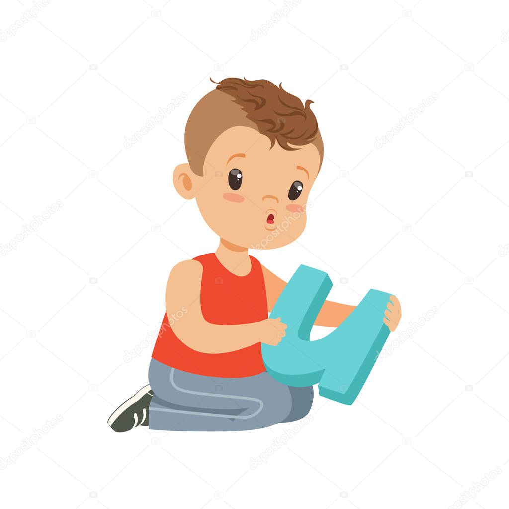 Flat character of preschool boy sitting on the floor with big letter U for diction exercises. Learning through play