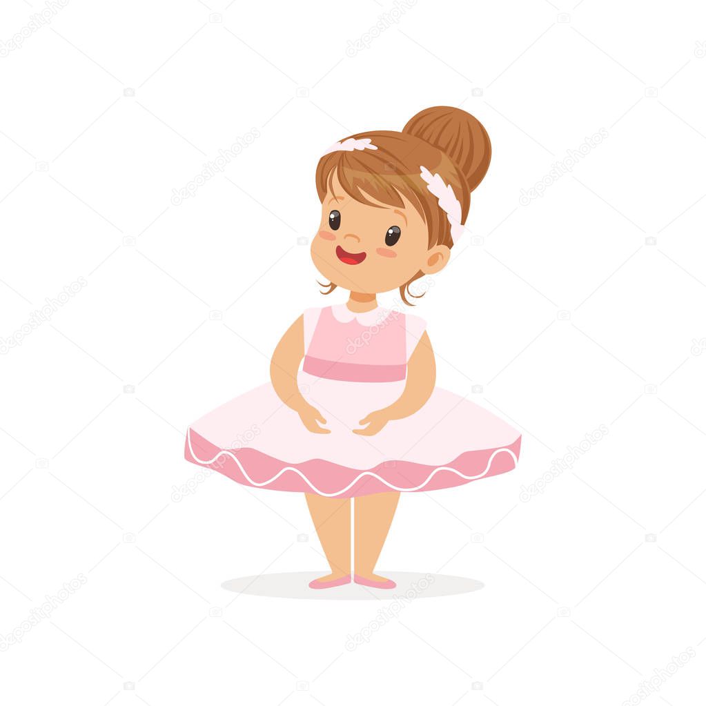 Flat vector of cheerful little girl in pink ballerina dress. Child interested in becoming professional theater dancer in future. Exploring kids career day through play