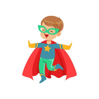 Renkli süper kahraman kostümü ile el kadar atlama komik küçük çocuk. Halloween kılık. Düz süper çocuk karakter vektör.
