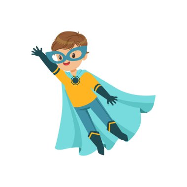 Mavi ve sarı süper kahraman kostümü, tek elle yukarı uçan komik cesur çocuk. Halloween kılık. Düz süper çocuk karakter vektör.