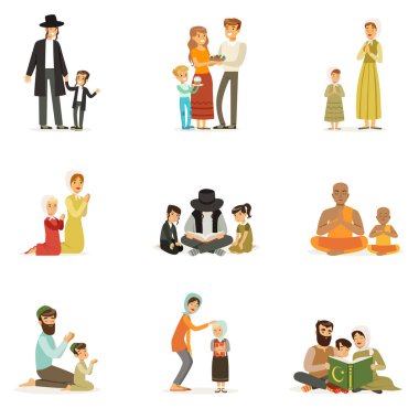 Vektör düz insanların karakterleri farklı dinlerin ayarlayın. Yahudiler, Katolikler, Müslümanlar, Budistler. Dua, kutsal kitapları ulusal kostüm ailelerde tatilleri kutlama.